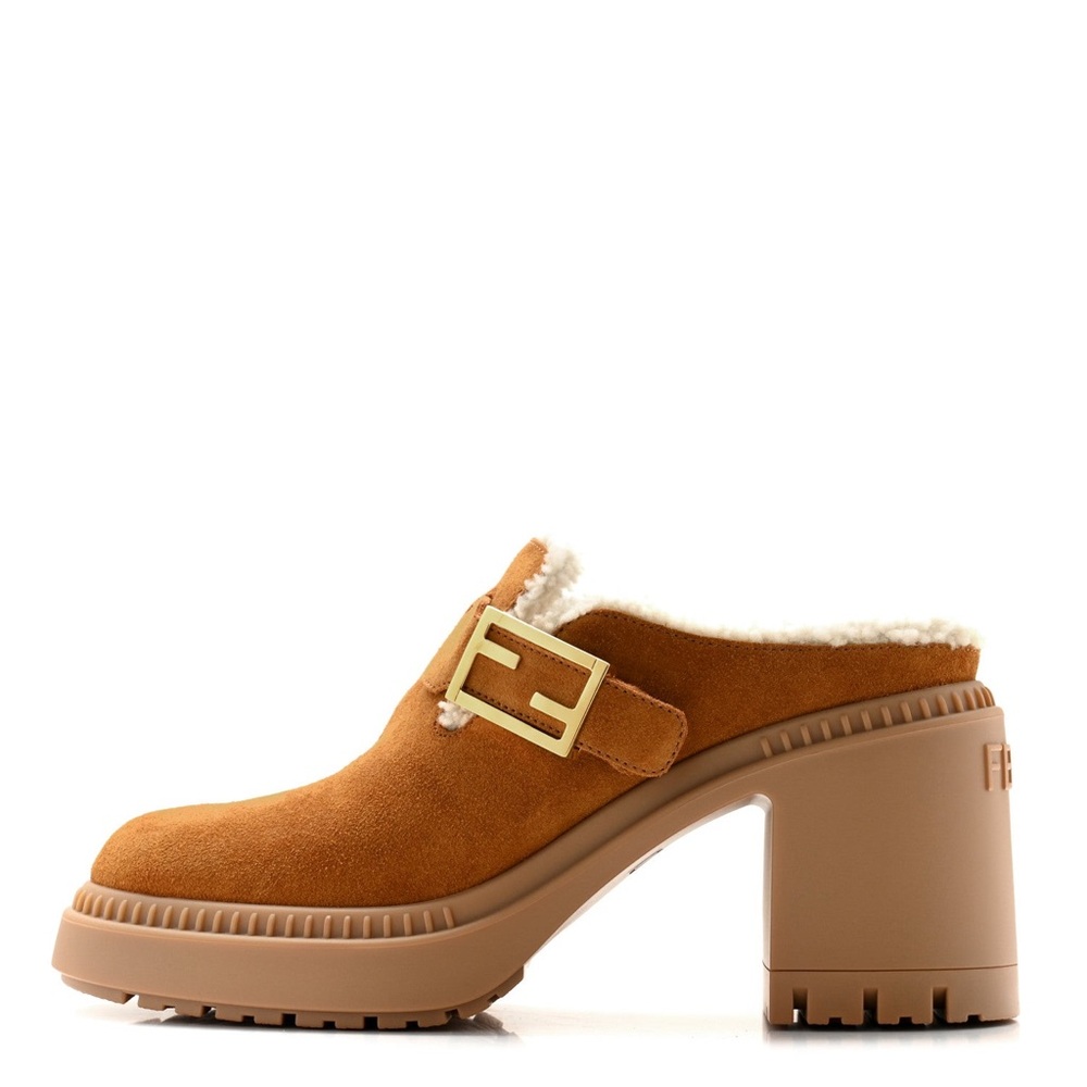 Fendi Tan Suede Shearling-Lined Mules with Gold Buckle - Picture 2 of 10